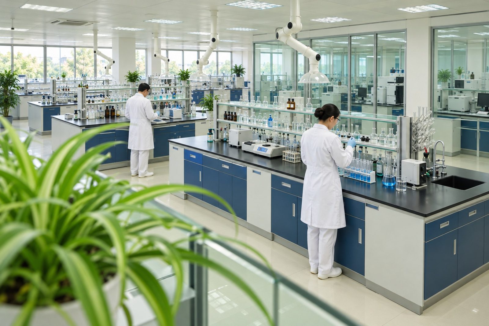Scientists working in a modern analytical laboratory